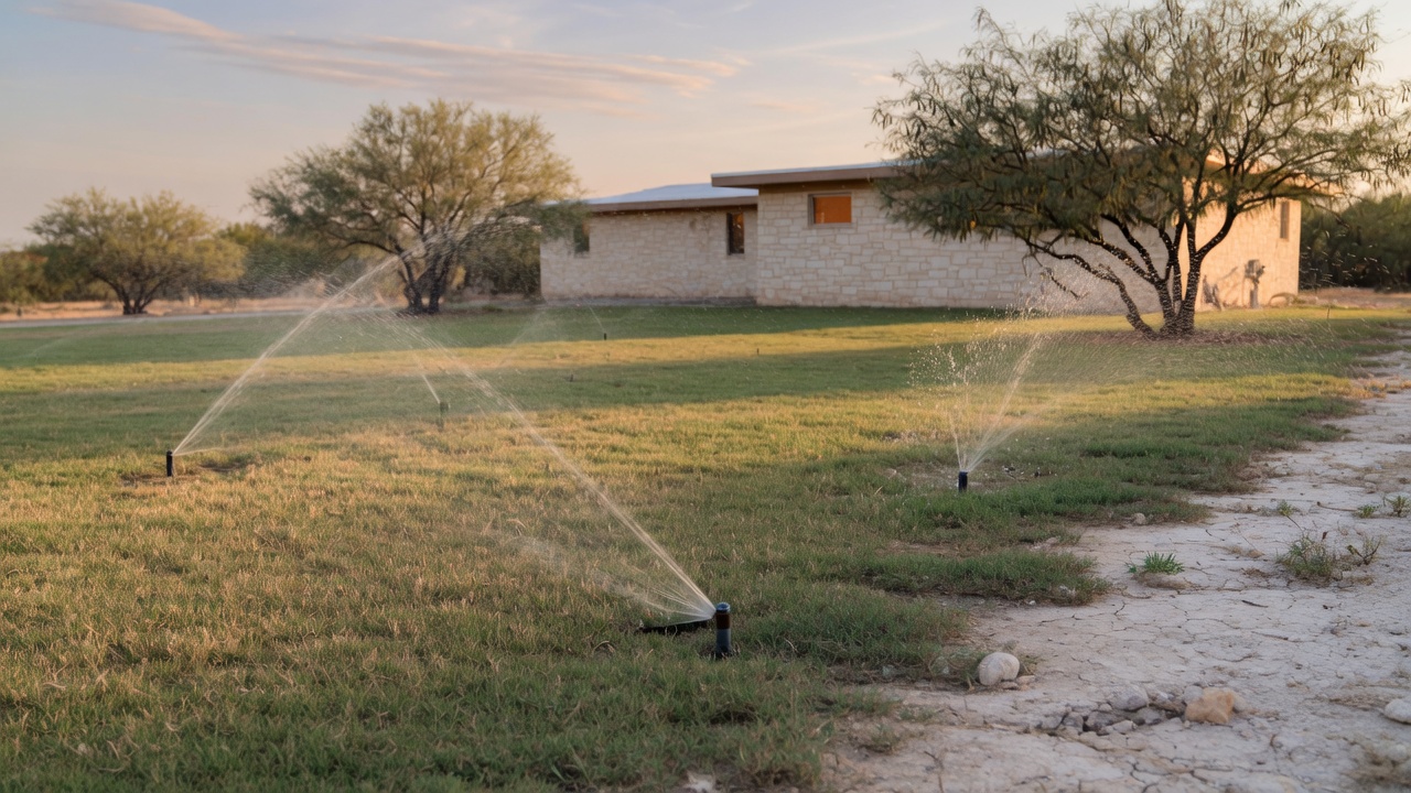 Sprinklers watering a residential lawn in Abilene, Texas