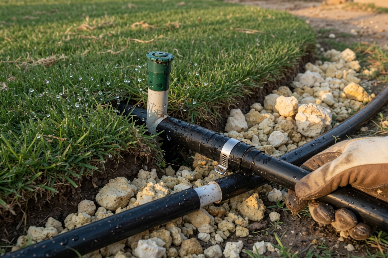 Technician adjusting a lawn sprinkler head